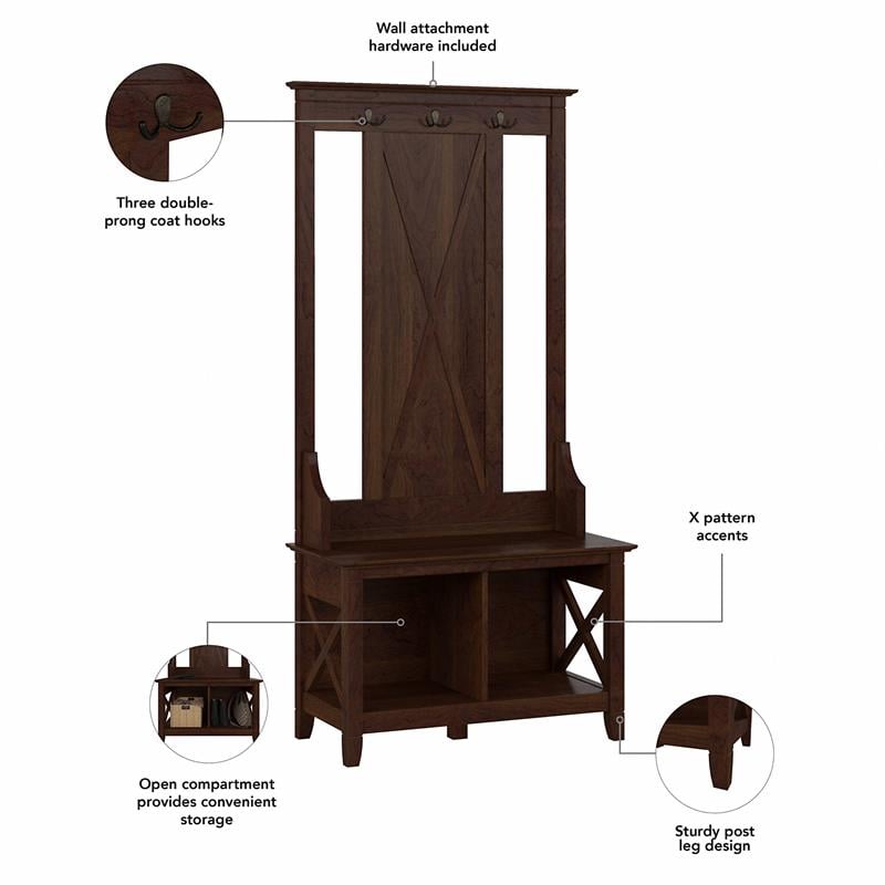 Key West Hall Tree with Shoe Storage Bench in Bing Cherry - Engineered Wood