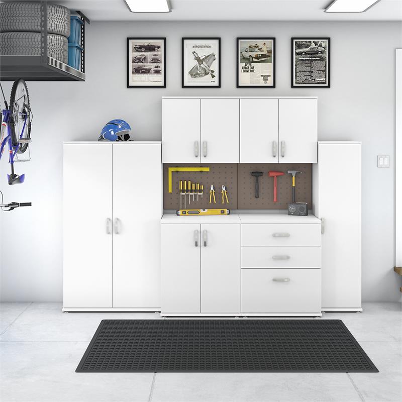 Universal 6 Piece Modular Garage Storage Set in White - Engineered Wood