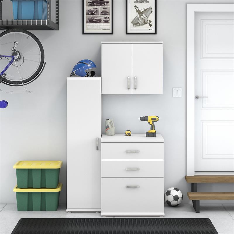 Universal 3 Piece Modular Garage Storage Set in White - Engineered Wood