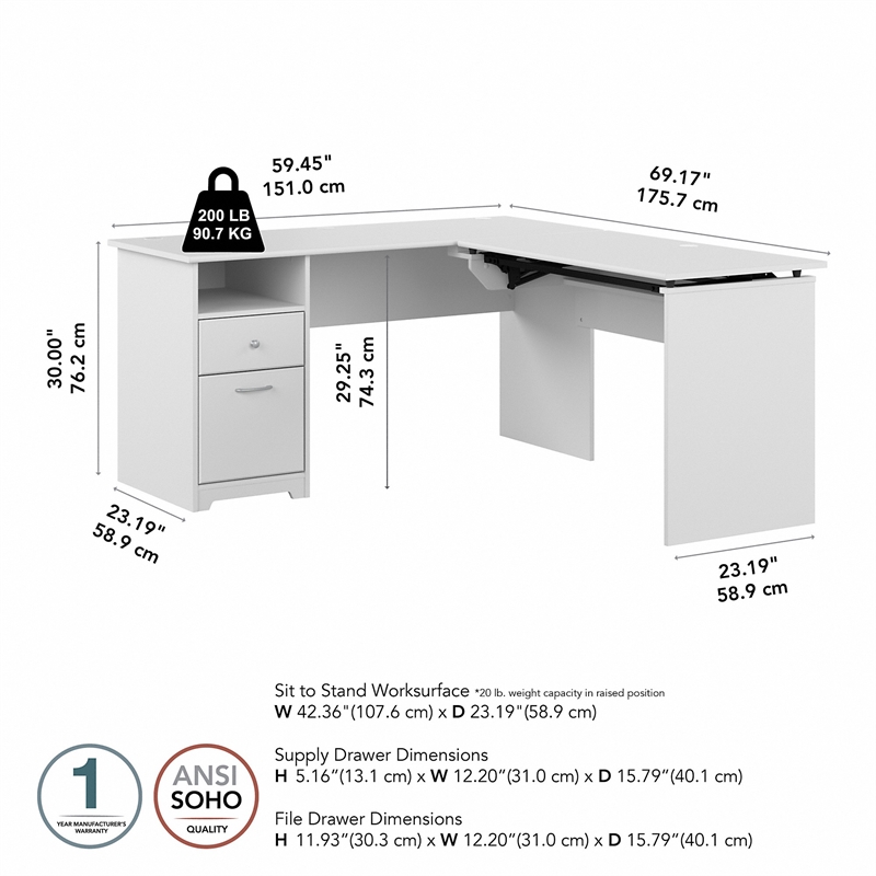Cabot 60W 3 Position L Shaped Sit Stand Desk in White - Engineered Wood