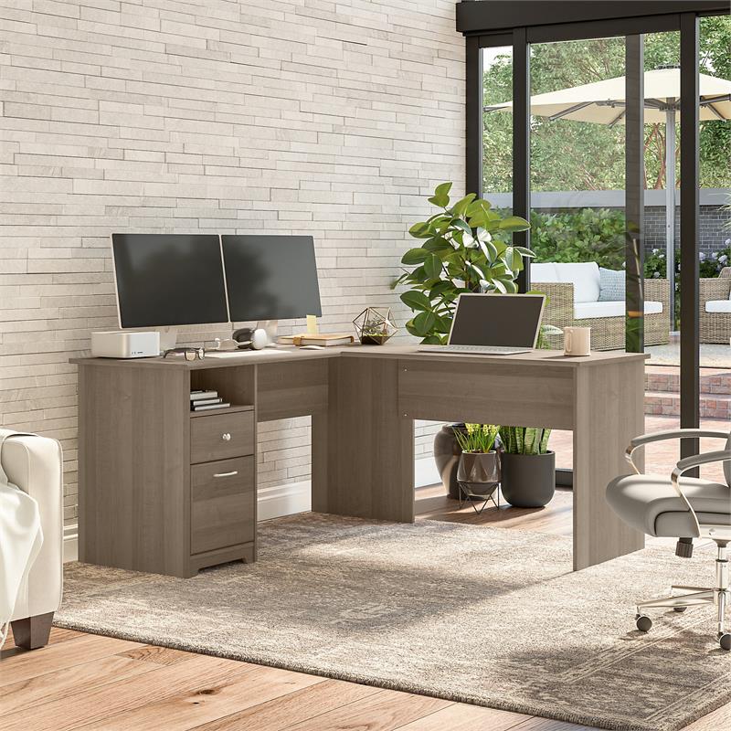 Cabot 60W L Shaped Desk with Drawers in Ash Gray - Engineered Wood