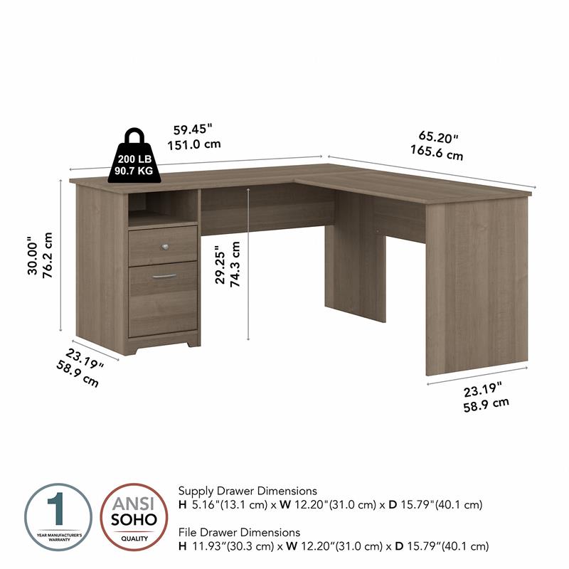 Cabot 60W L Shaped Desk with Drawers in Ash Gray - Engineered Wood