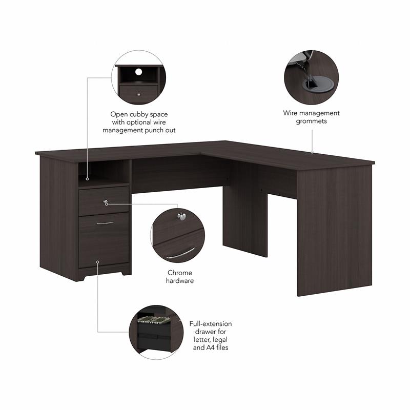 Cabot 60W L Shaped Desk with Drawers in Heather Gray - Engineered Wood