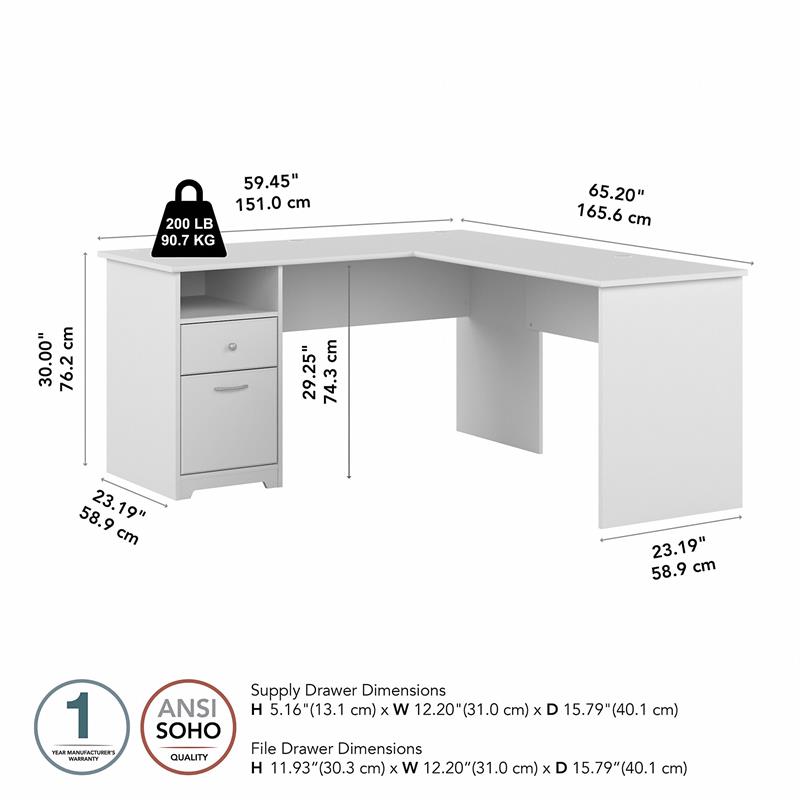 Cabot 60W L Shaped Desk with Drawers in White - Engineered Wood