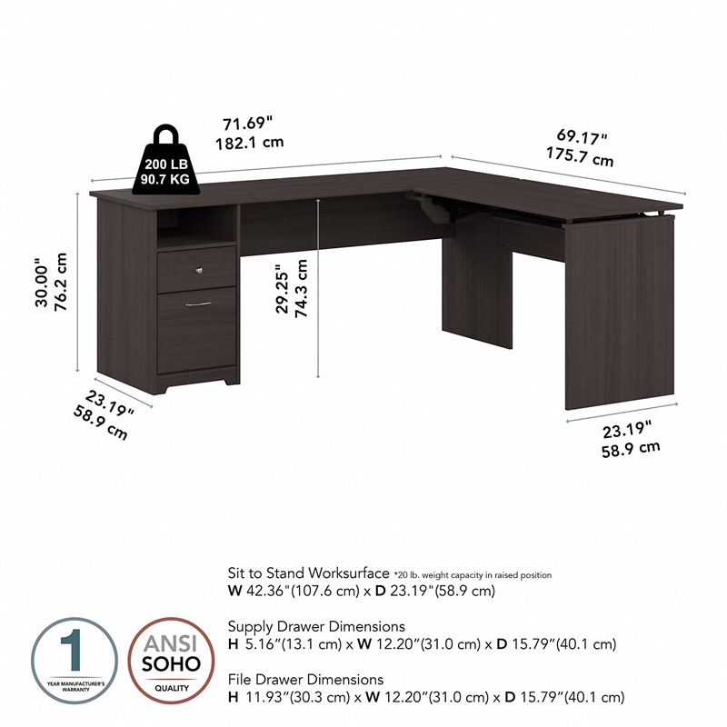 Cabot 72W 3 Position Sit to Stand L Desk in Heather Gray - Engineered Wood