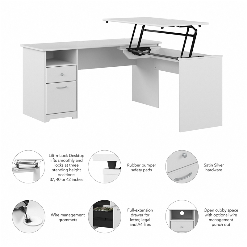 Cabot 72W 3 Position Sit to Stand L Desk in White - Engineered Wood