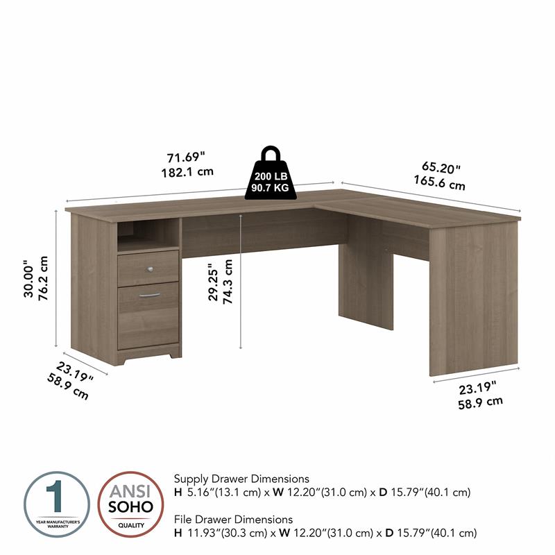 Cabot 72W L Shaped Computer Desk with File in Ash Gray - Engineered Wood
