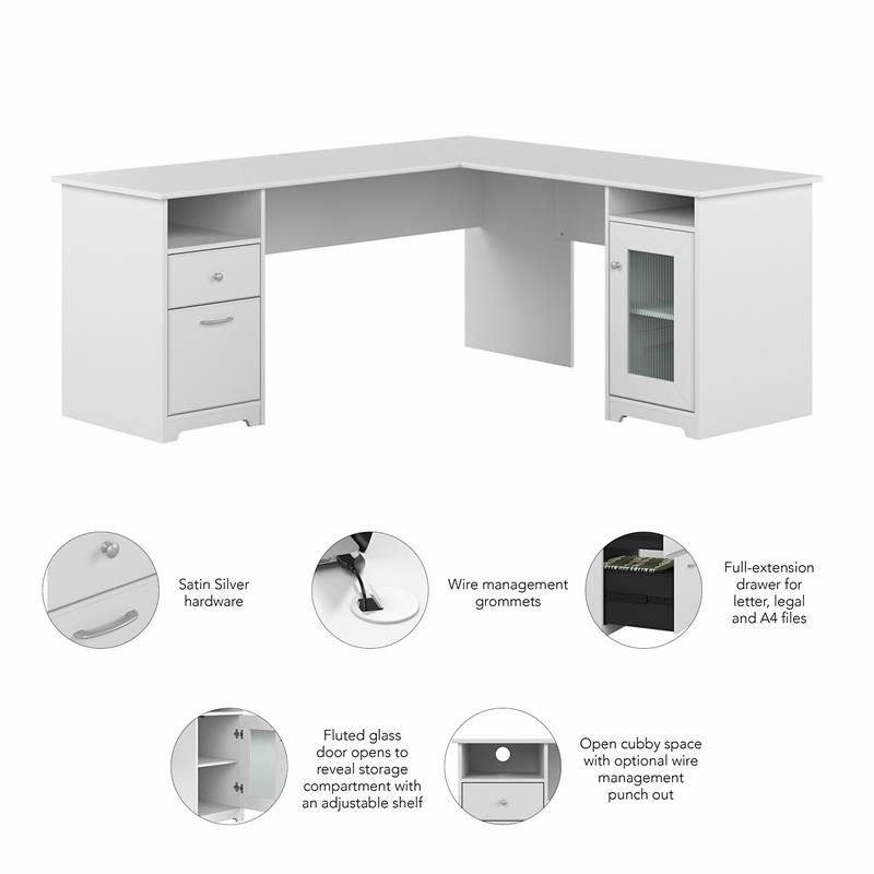 Cabot 72W L Shaped Computer Desk with Storage in White - Engineered Wood