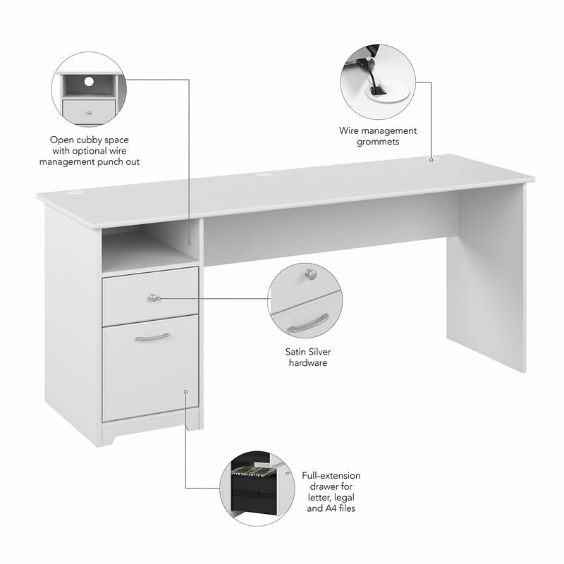 Cabot 72W Computer Desk with Drawers in White - Engineered Wood