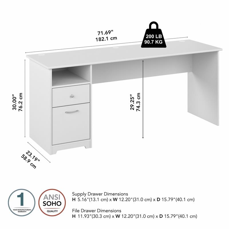 Cabot 72W Computer Desk with Drawers in White - Engineered Wood