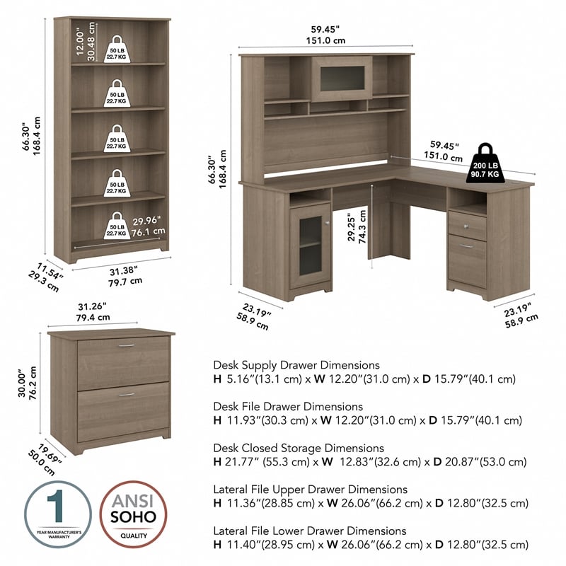 Cabot 60W L Shaped Computer Desk with Storage Set in Ash Gray - Engineered Wood