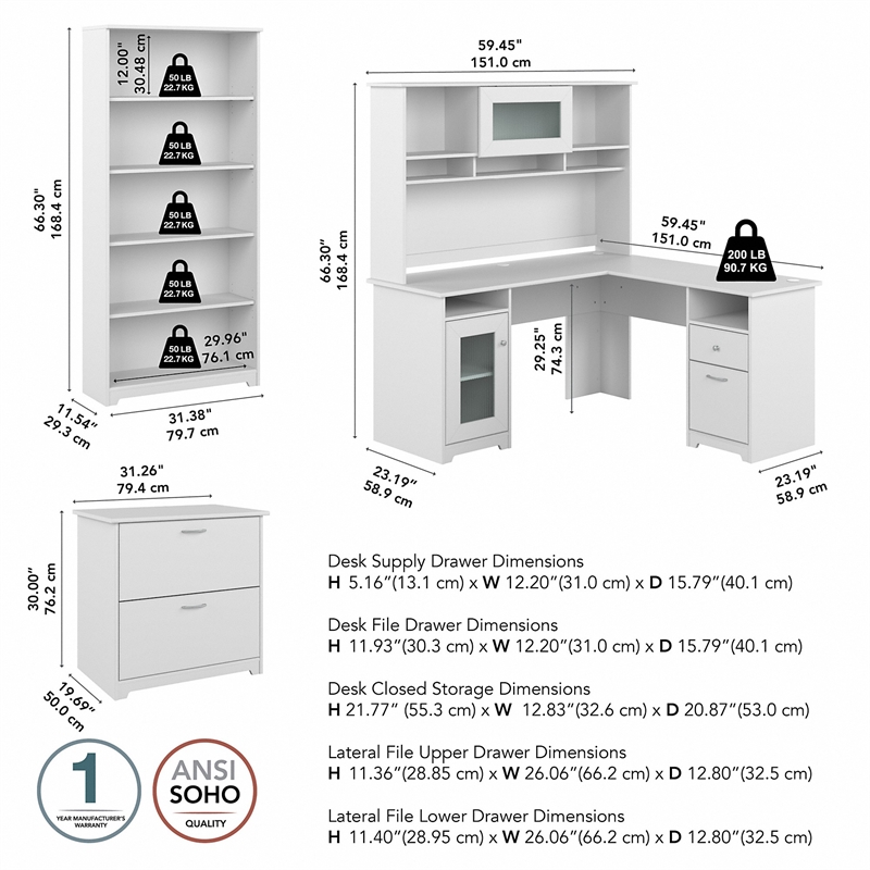 Cabot 60W L Shaped Computer Desk with Storage Set in White - Engineered Wood