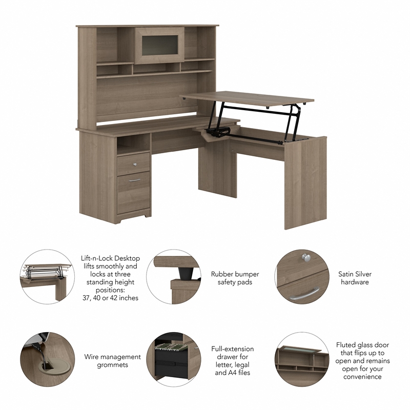Cabot 60W Sit to Stand L Desk with Hutch in Ash Gray - Engineered Wood