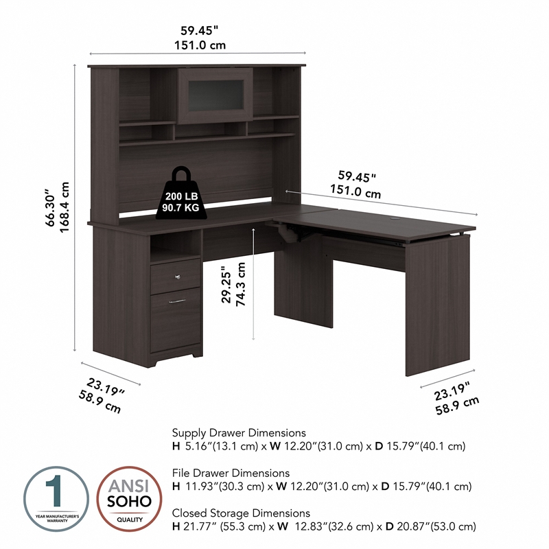 Cabot 60W Sit to Stand L Desk with Hutch in Heather Gray - Engineered Wood