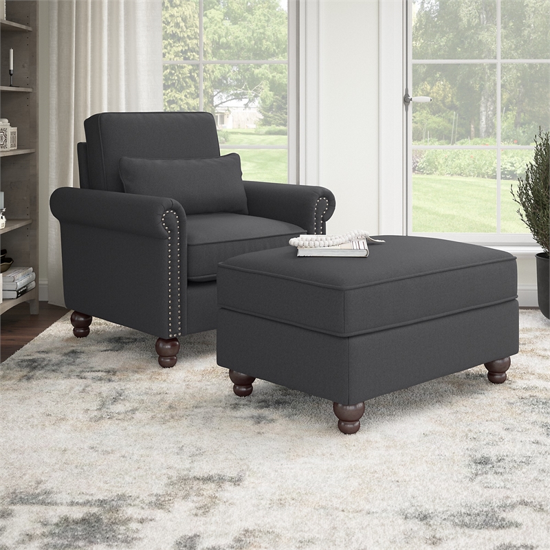 Coventry Accent Chair with Ottoman Set in Charcoal Gray Herringbone Fabric