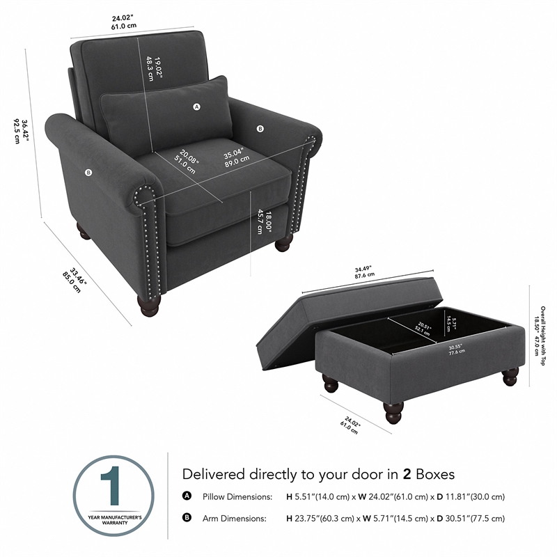 Coventry Accent Chair with Ottoman Set in Charcoal Gray Herringbone Fabric