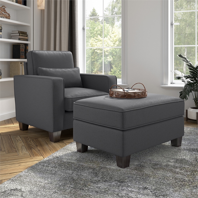 Stockton Accent Chair with Ottoman Set in Charcoal Gray Herringbone Fabric