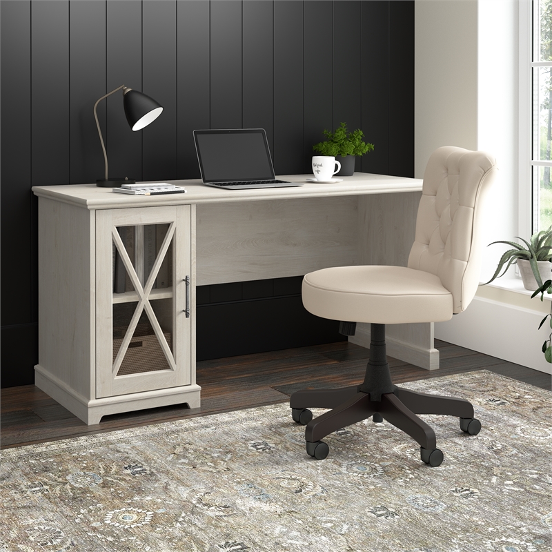 Bush Lennox Engineered Wood Desk with Storage Cabinet in Linen White Oak
