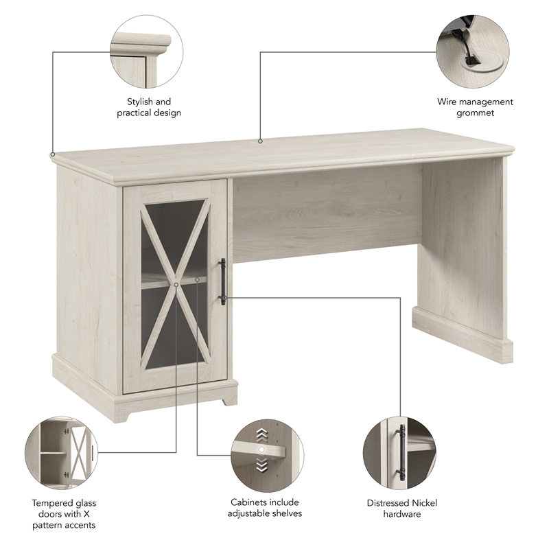 Bush Lennox Engineered Wood Desk with Storage Cabinet in Linen White Oak