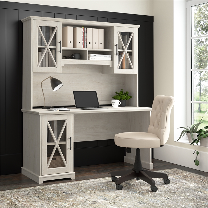 Bush Lennox Engineered Wood Desk with Storage Cabinet in Linen White Oak