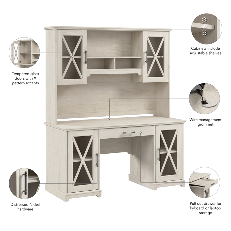 Lennox Desk with Hutch and Keyboard Tray in Linen White Oak - Engineered Wood