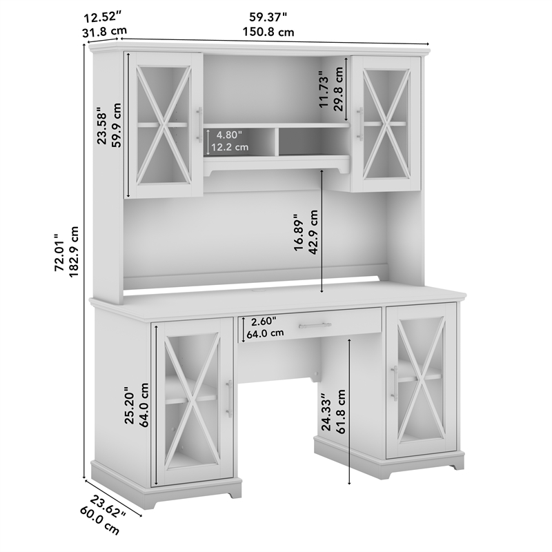 Lennox Desk with Hutch and Keyboard Tray in Linen White Oak - Engineered Wood