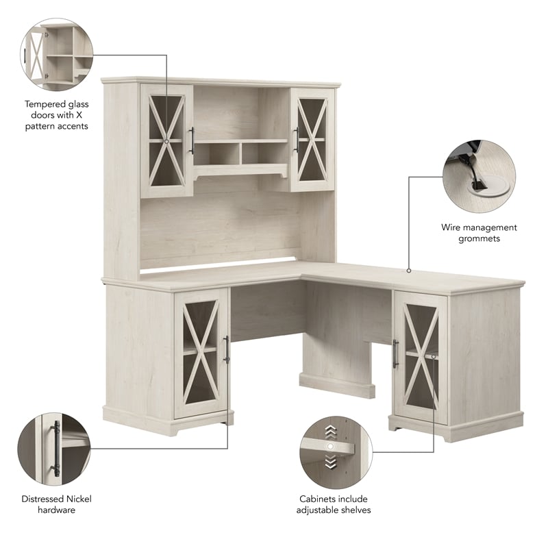 Bush Lennox Engineered Wood L-Shaped Desk with Hutch in Linen White Oak