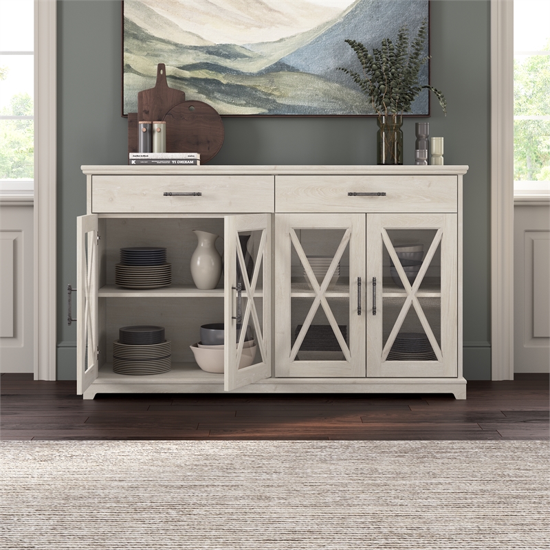 Bush Lennox Engineered Wood Buffet Cabinet with Drawers in Linen White Oak