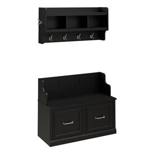 Woodland Entryway Bench with Doors and Wall Shelf in Black Oak - Engineered Wood
