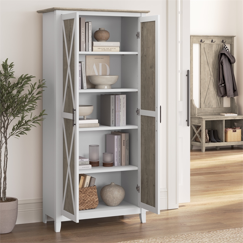 Key West Tall Storage Cabinet with Doors in White/Gray - Engineered Wood