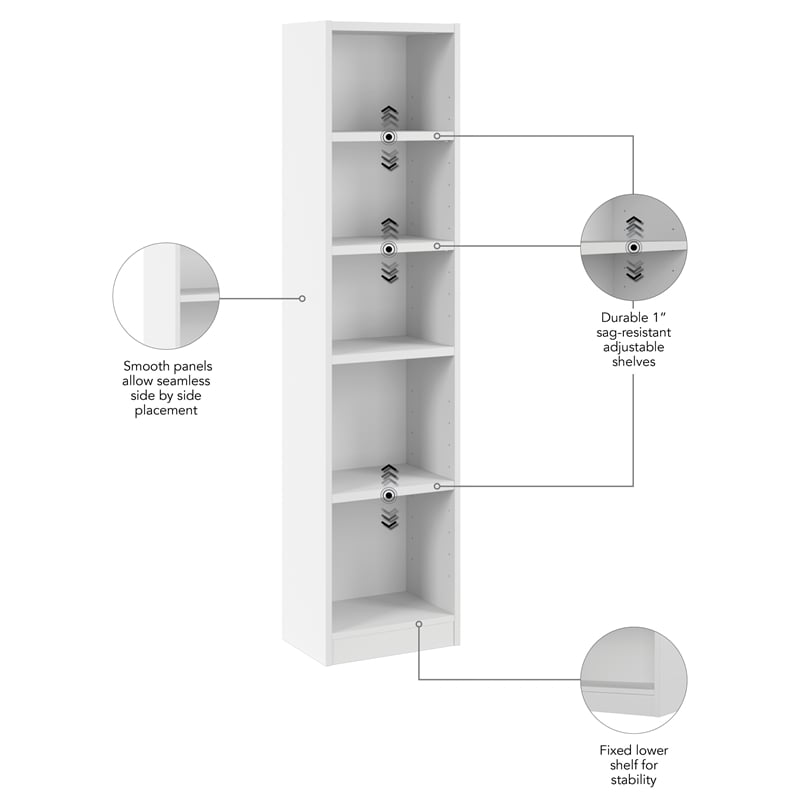 Universal 17W Narrow 5 Shelf Bookcase in White - Engineered Wood