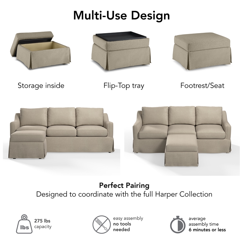 Harper Storage Ottoman with Tray and Slipcover - Sand Basketweave Fabric