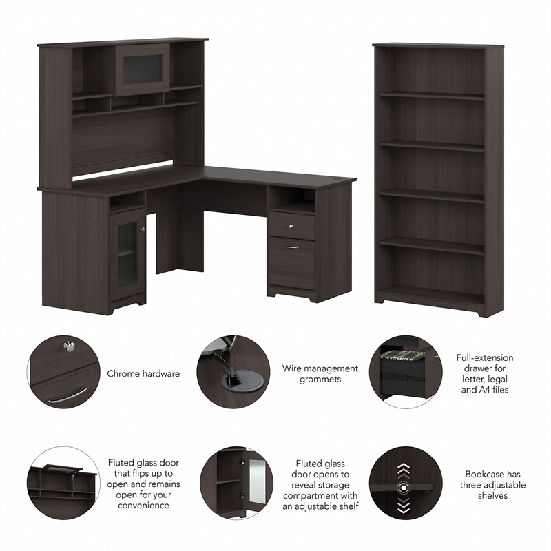 Cabot L Shaped Desk with Hutch and Bookcase in Heather Gray - Engineered Wood