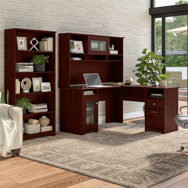 Bush Furniture Cabot L Shaped Desk with Hutch and 5 Shelf Bookcase