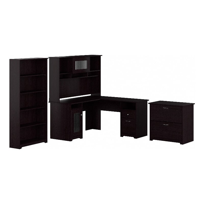 Cabot L Shaped Desk w/ Storage 4 Piece Set in Espresso Oak - Engineered Wood