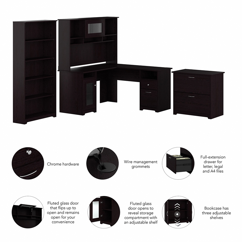 Cabot L Shaped Desk w/ Storage 4 Piece Set in Espresso Oak - Engineered Wood