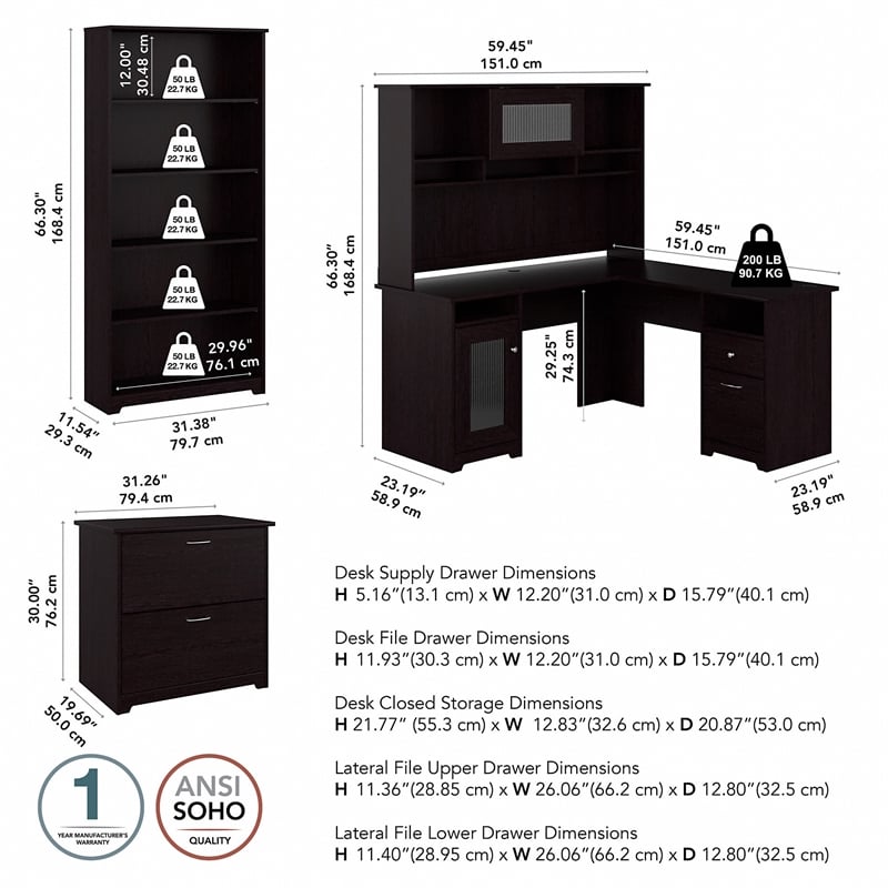 Cabot L Shaped Desk w/ Storage 4 Piece Set in Espresso Oak - Engineered Wood