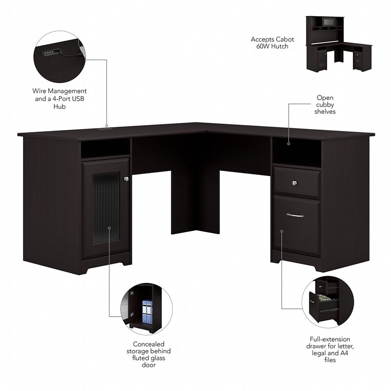 Cabot L Desk with Hutch and 5 Shelf Bookcase in Espresso Oak - Engineered Wood