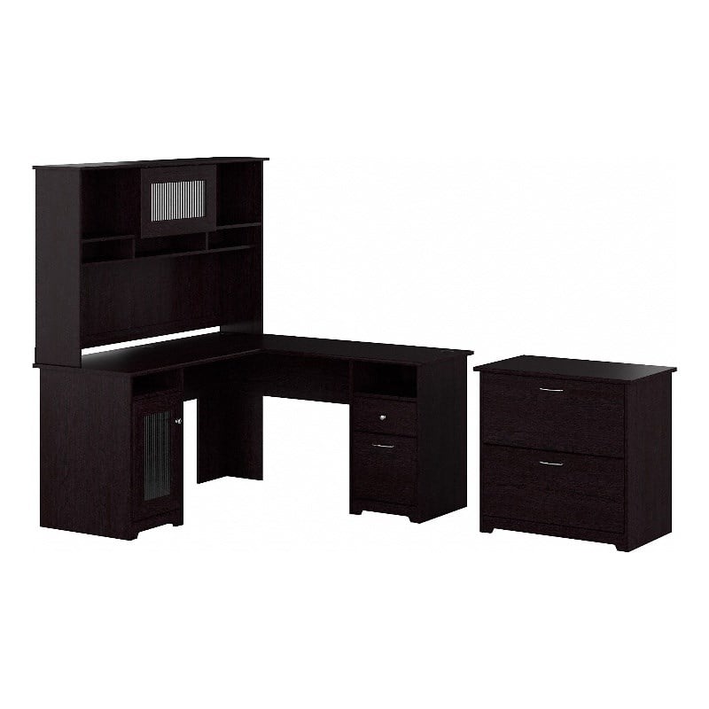 Cabot L Desk with Hutch & Lateral File Cabinet in Espresso Oak - Engineered Wood
