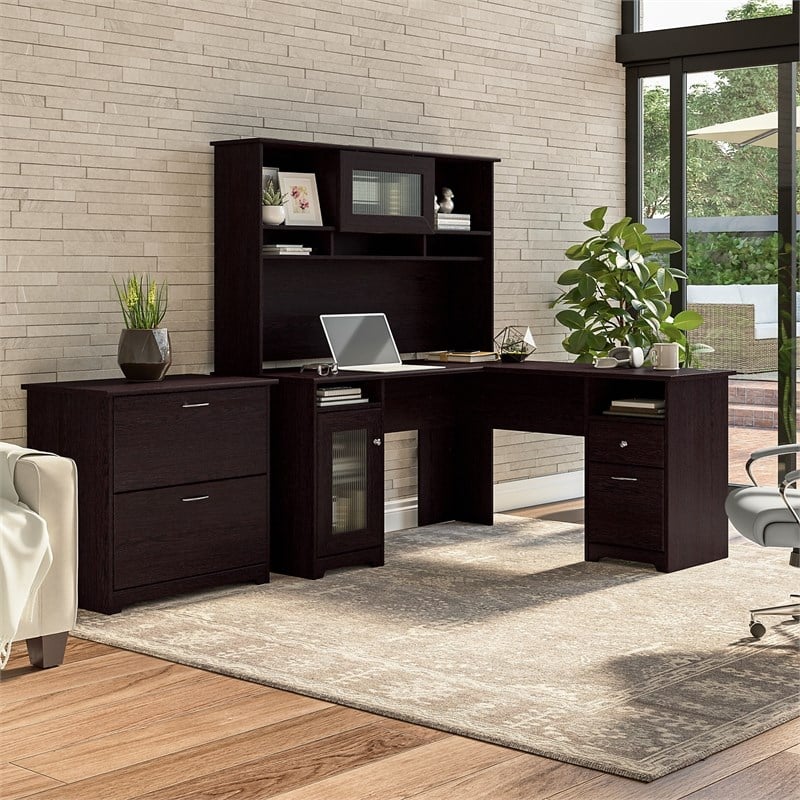 Cabot L Desk with Hutch & Lateral File Cabinet in Espresso Oak - Engineered Wood