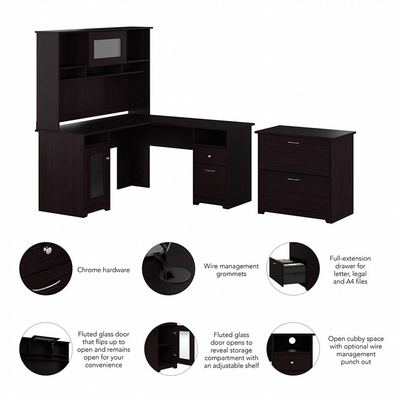 Cabot L Desk with Hutch & Lateral File Cabinet in Espresso Oak - Engineered Wood