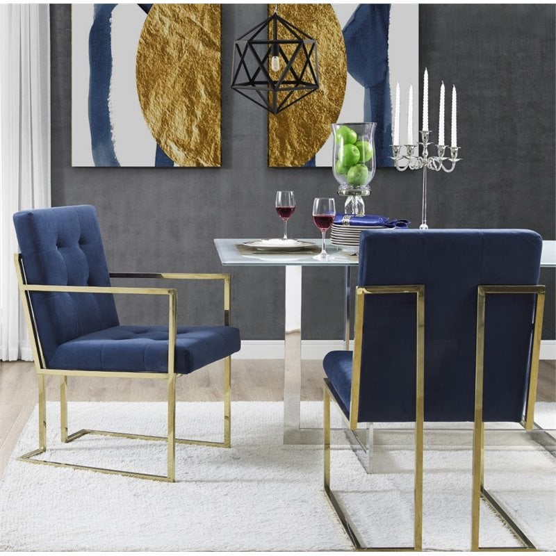 Posh Living Evan Button Tufted Velvet Dining Chair Navy Blue/Gold (Set of 2)