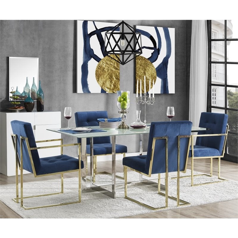 Posh Living Evan Button Tufted Velvet Dining Chair Navy Blue/Gold (Set of 2)