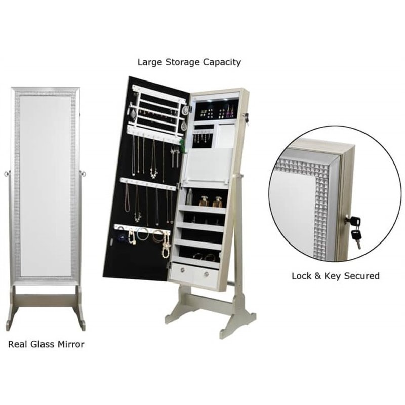 Posh Abigail Full Length Mirror Jewelry Armoire & Makeup Storage in Champagne