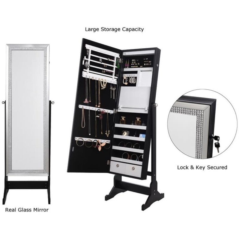 Posh Abigail Full Length Mirror Jewelry Armoire & Makeup Storage in Black