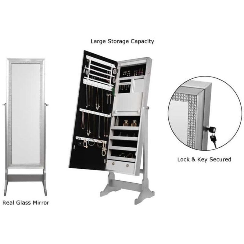 Posh Abigail Full Length Mirror Jewelry Armoire & Makeup Storage in Silver