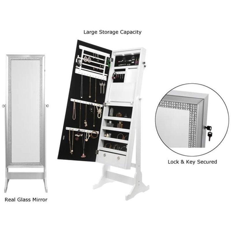 Posh Abigail Full Length Mirror Jewelry Armoire & Makeup Storage in White