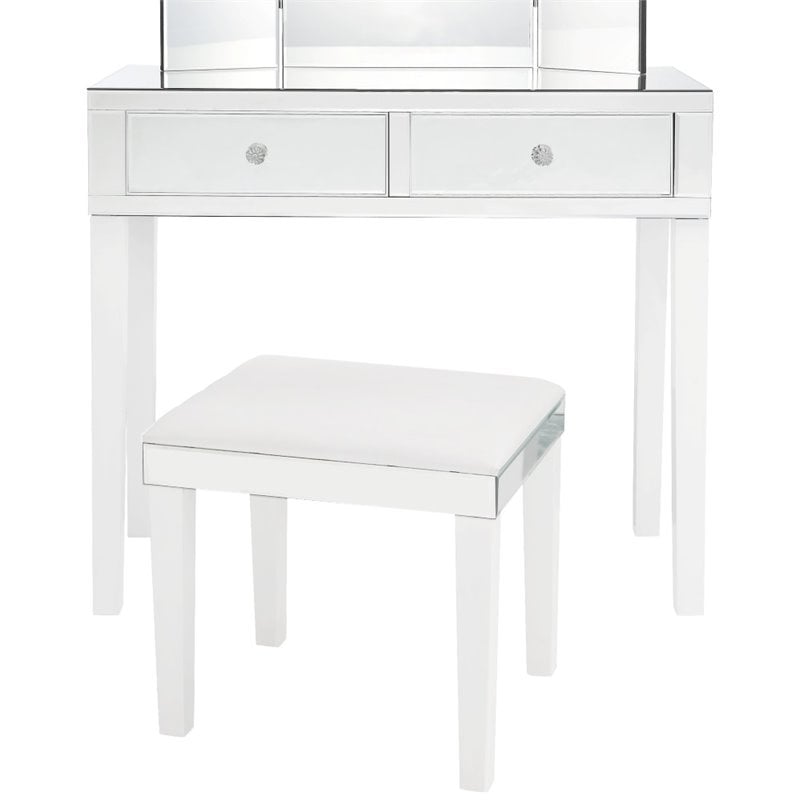 Posh Living Caleb 2-Drawer Mirrored Bedroom Vanity with Stool in White