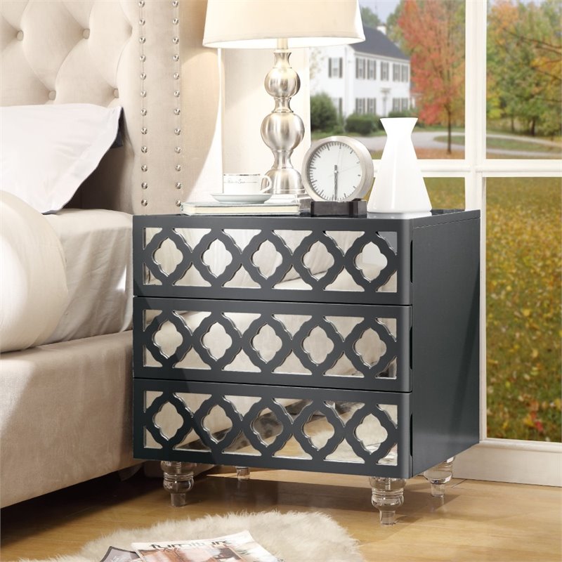 Posh Living Serenity 3-Drawer Mirrored Trellis Pattern Nightstand in Dark Gray