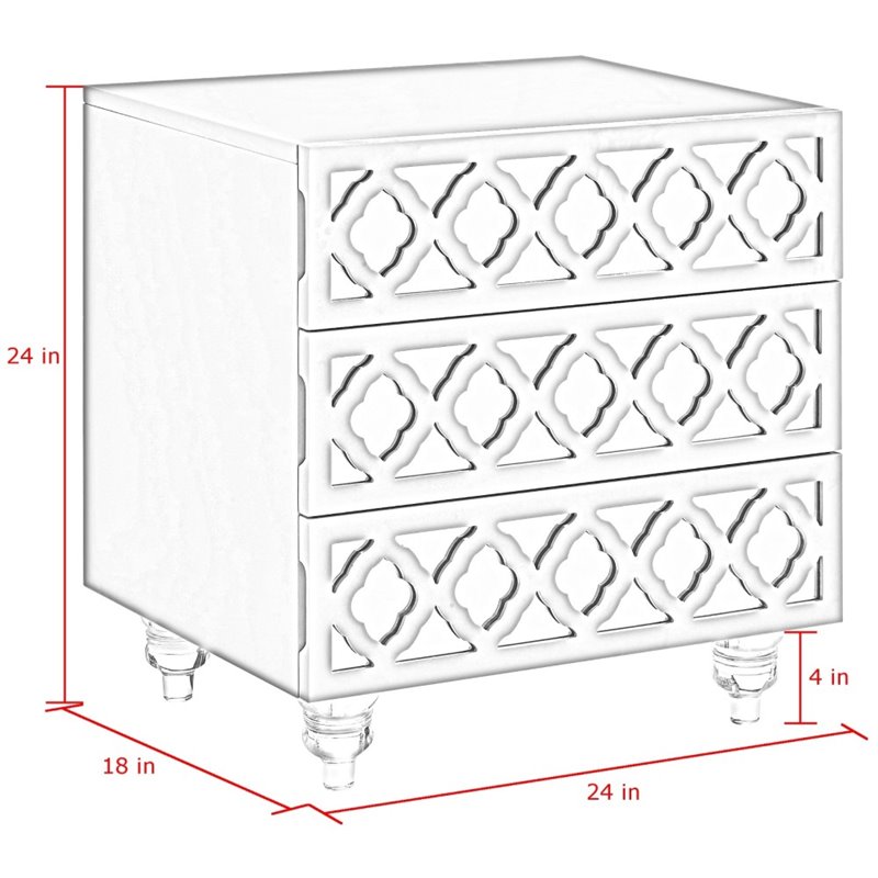 Posh Living Serenity 3-Drawer Mirrored Trellis Pattern Nightstand in White